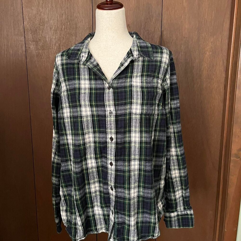 Llbean Women's Blue Green White Plaid Button Up Flannel Shirt